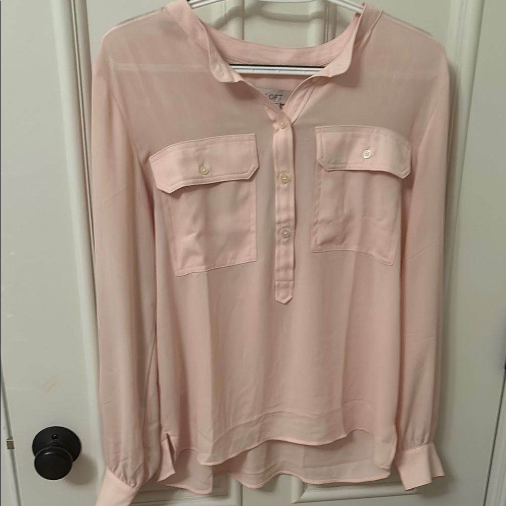 LOFT Pink Long Sleeve Buttoned Blouse with Mandarin Collar